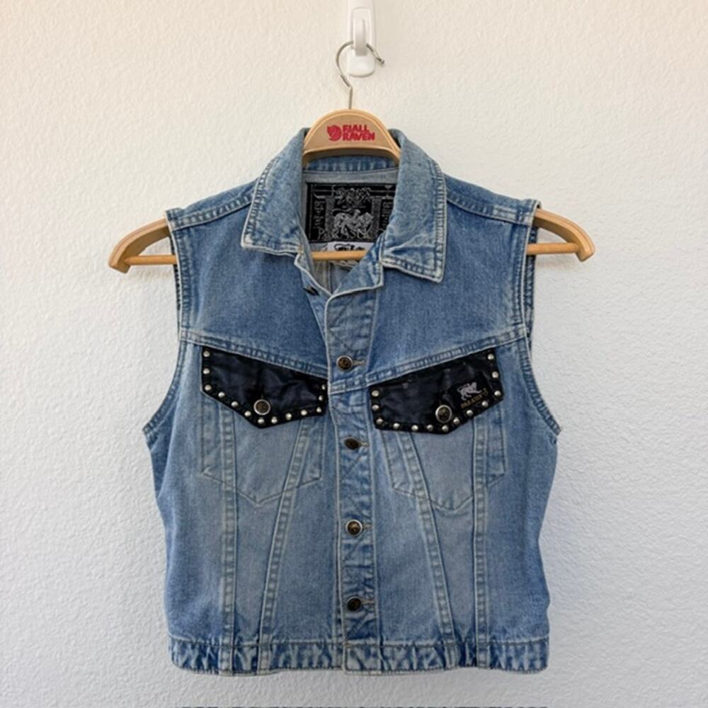 Parasuco Vintage Denim Vest Women's Medium Biker Style Waistcoat Eagle Patch